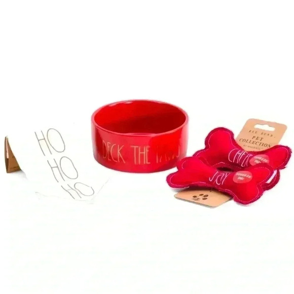 NEW 4 Pc SET - DECK THE PAWS - RED 6" Pet Bowl, Bandana, & 2 squeaky Bone Toys - Picture 3 of 14